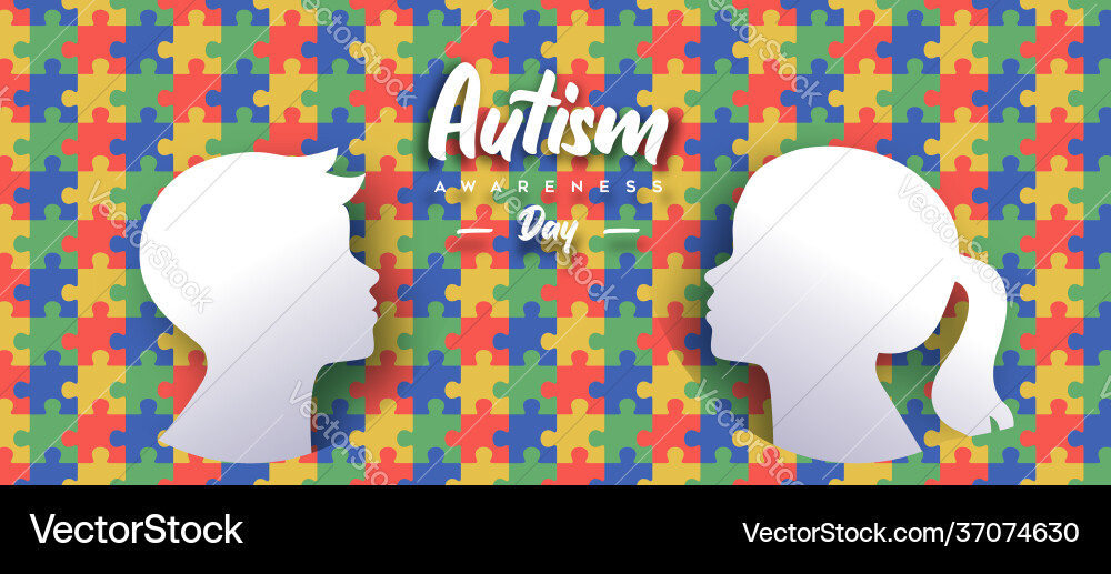 Autism awareness day papercut kid puzzle banner Autism awareness day papercut kid puzzle banner vector image