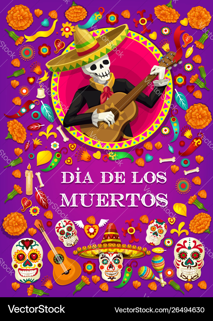 Dia de los Muertos Skeleton with Guitar Vector Image