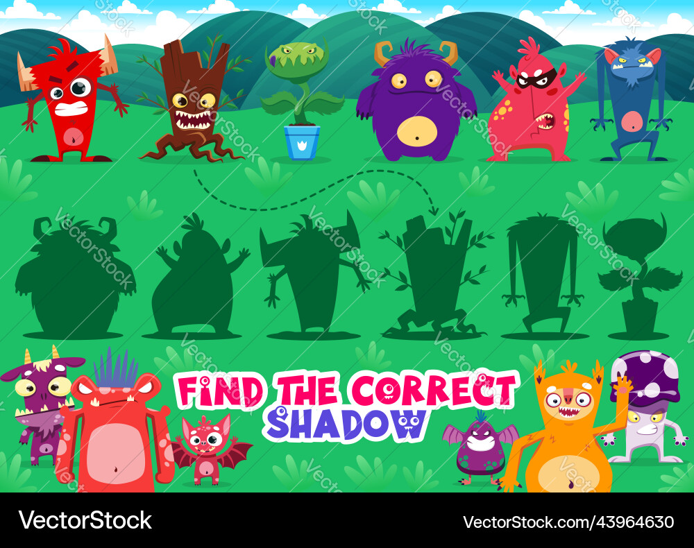 Find correct shadow game with monster characters Find correct shadow game with monster characters vector image