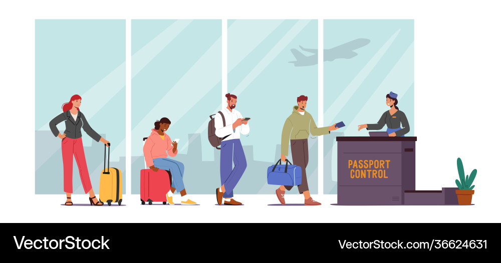Passenger characters with luggage stand in queue Passenger characters with luggage stand in queue vector image