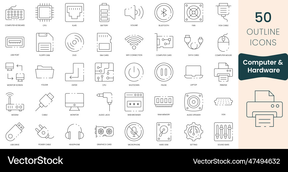 Set of computer and hardware icons thin outline Set of computer and hardware icons thin outline vector image