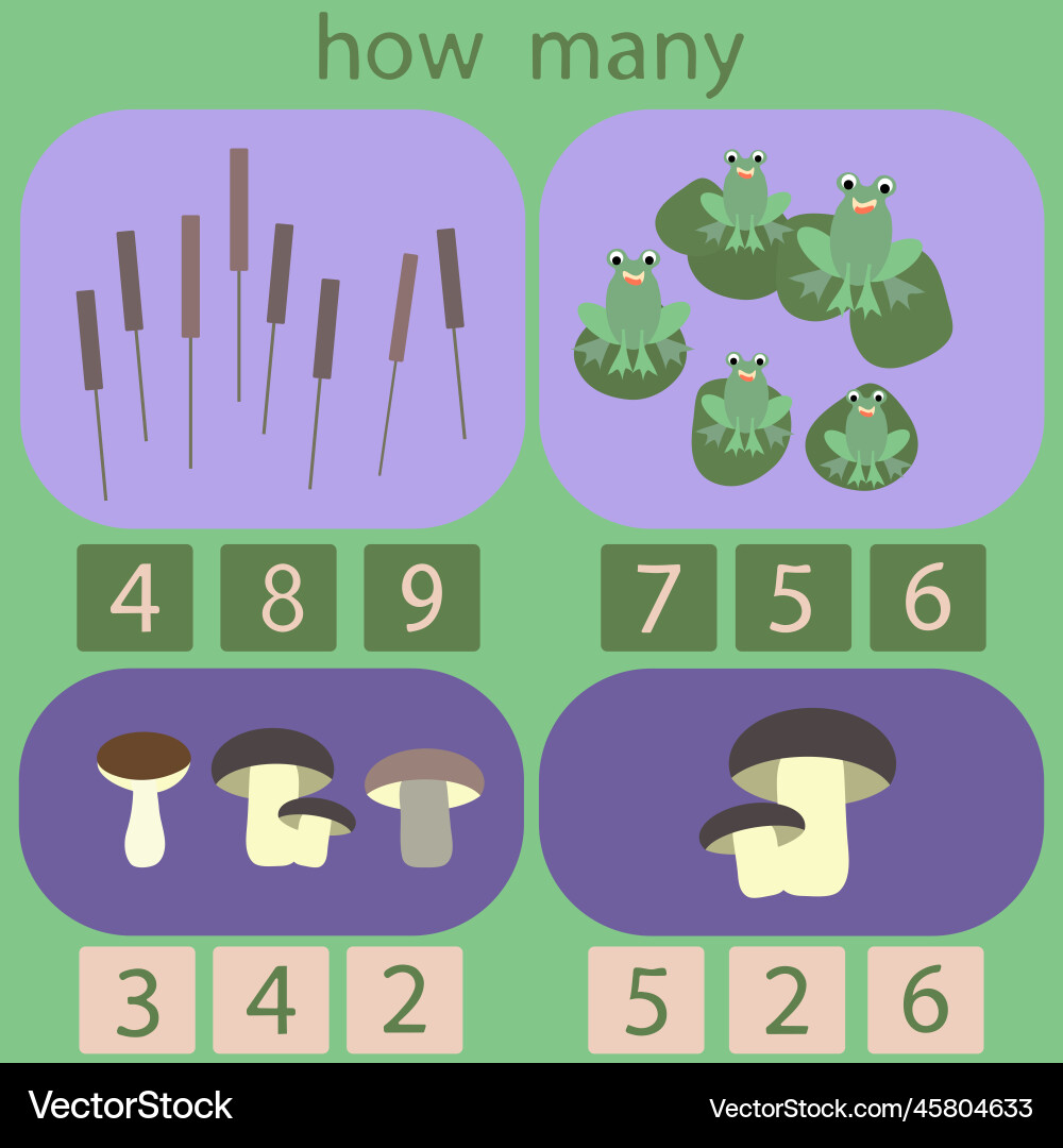 Count how many frogs and mushrooms Count how many frogs and mushrooms Vector Image