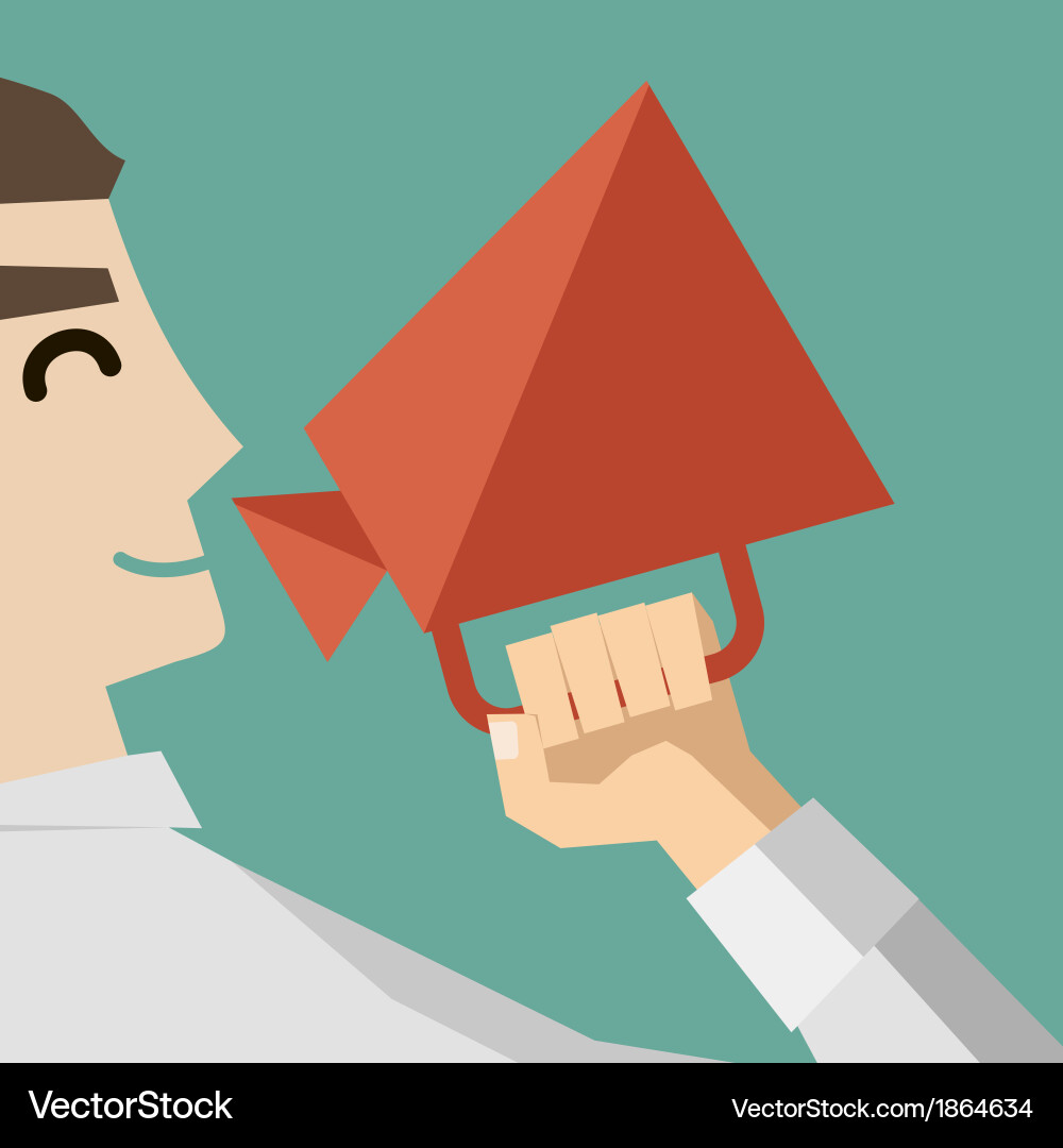 Flat design style smiling man with loudspeaker vector image