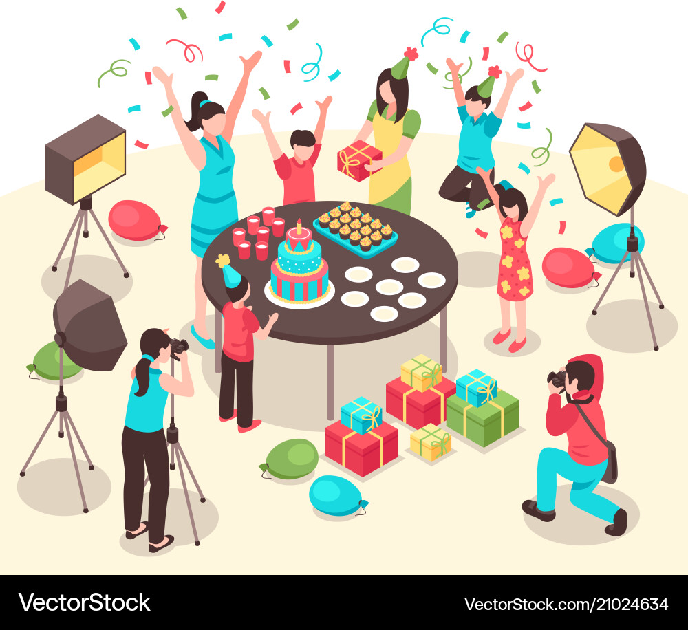 Kids Party Fotografen isometrische Kids Party Fotografen isometrische vektorbild