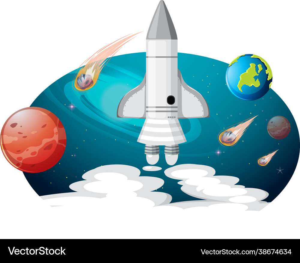Rocket ship with many planets and asteroids Rocket ship with many planets and asteroids vector image