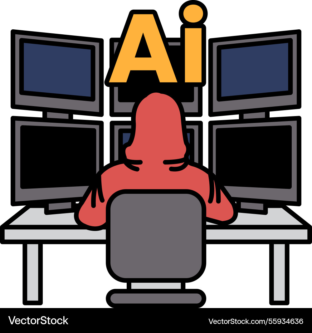 A man in red hoodie sits front of computer A man in red hoodie sits front of computer vector image