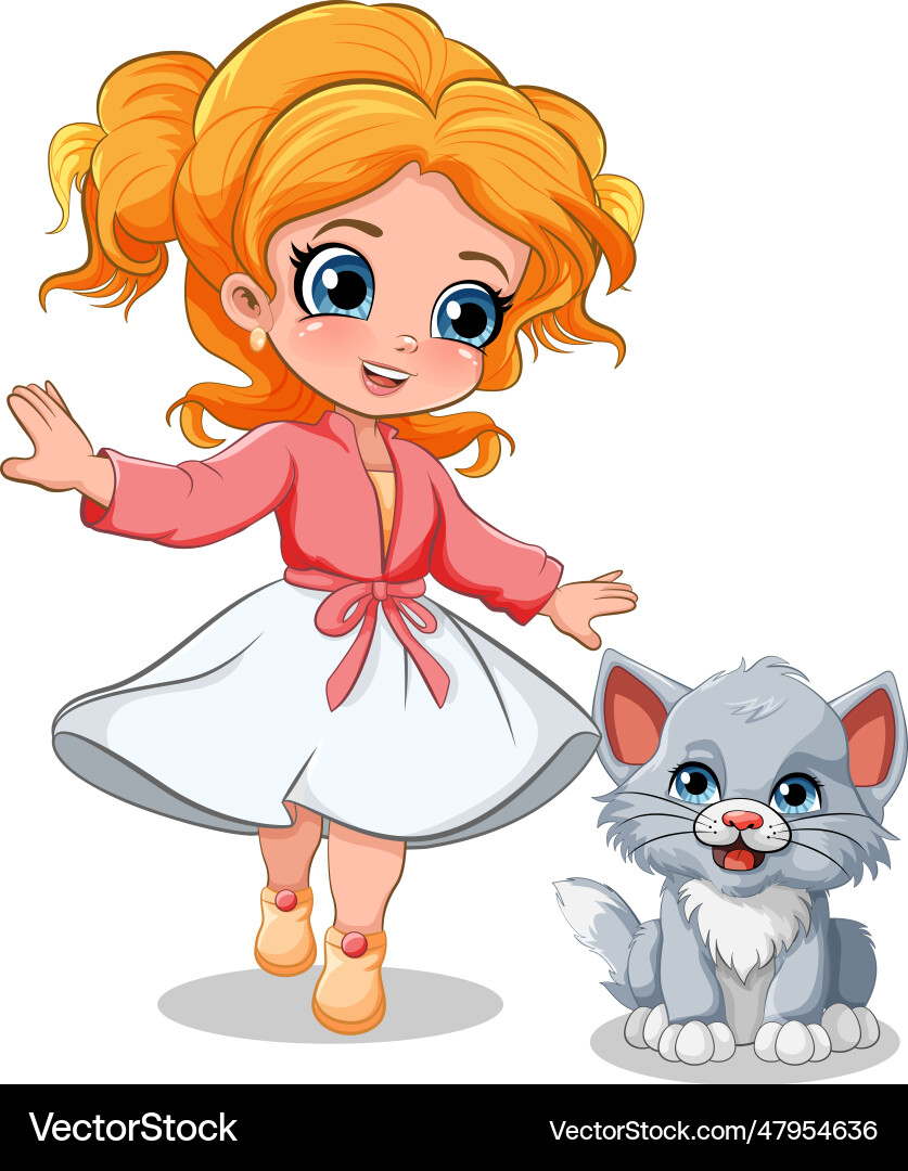 Süßes Mädchen mit ihrer Katze spielen Süßes Mädchen mit ihrer Katze spielen vektorbild