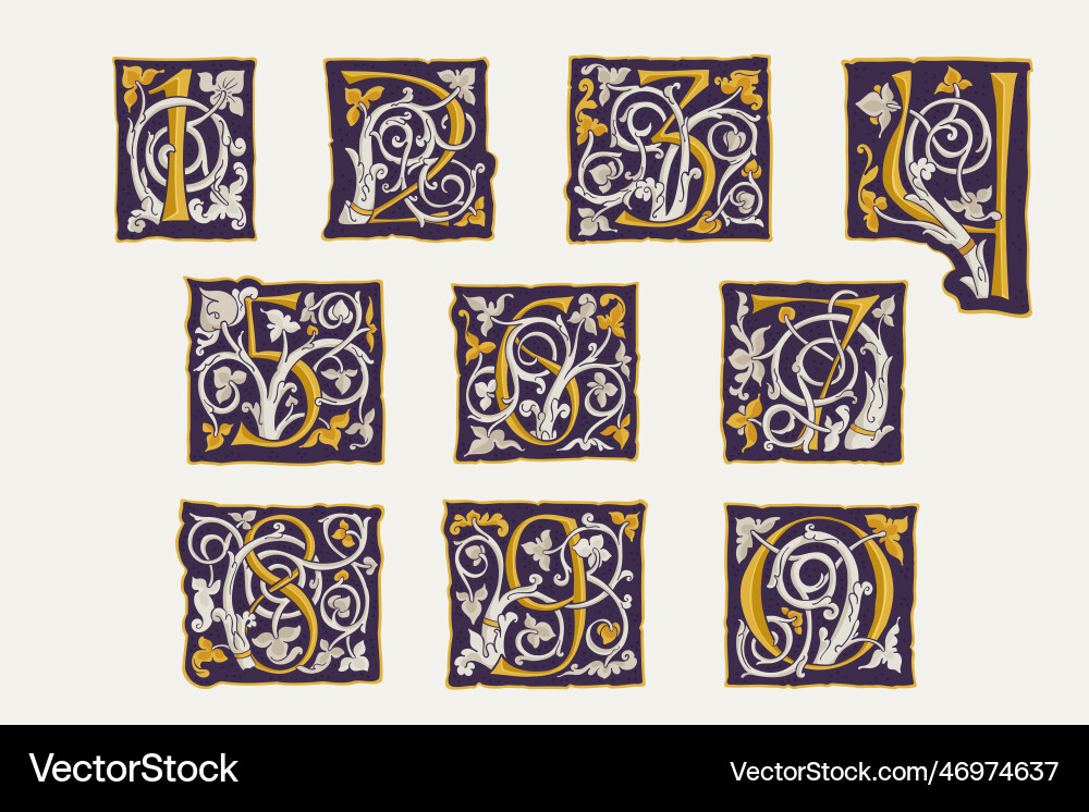 0 to 9 numbers set drop caps medieval initials 0 to 9 numbers set drop caps medieval initials vector image