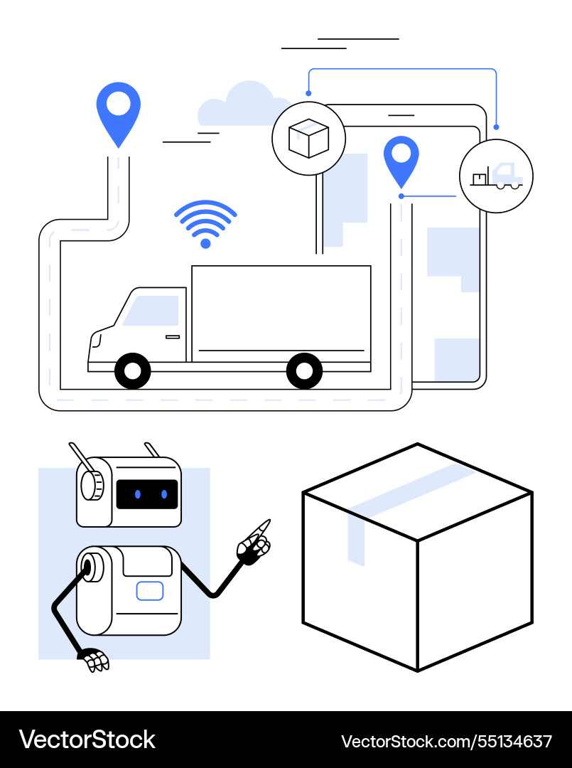 Advanced logistics tracking with robots and route Advanced logistics tracking with robots and route vector image