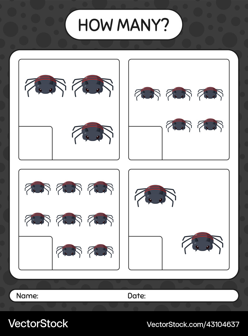 How many counting game with spider worksheet Vector Image