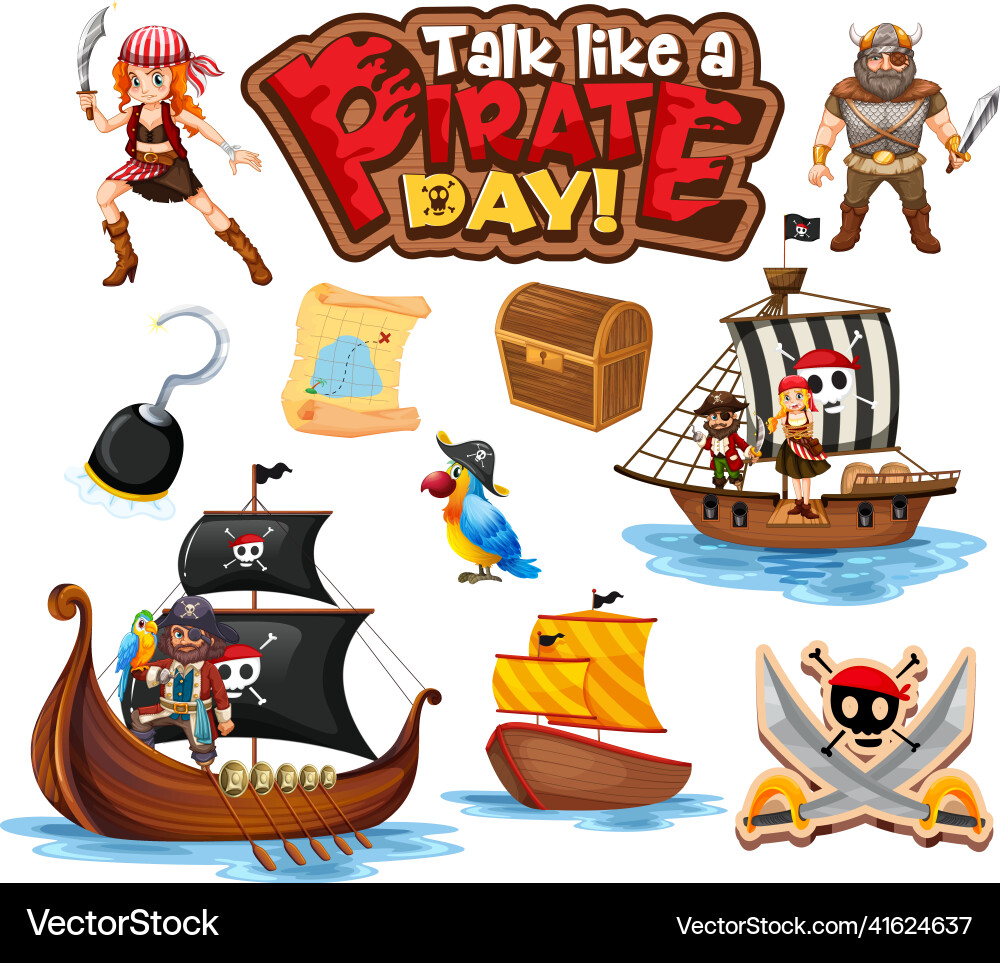 Set of pirate cartoon characters and objects Set of pirate cartoon characters and objects Vector Image