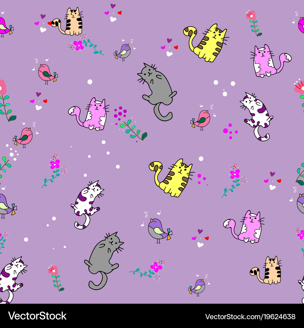 Charming Cat & Bird Pattern Vector Image
