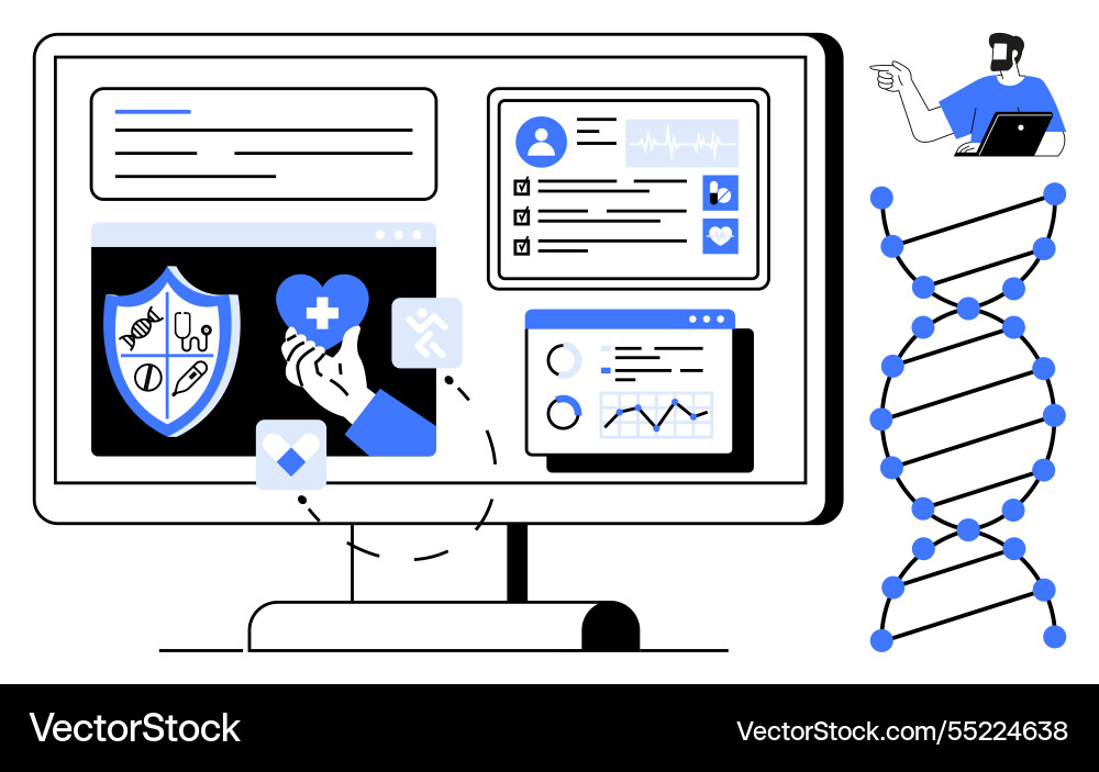 Healthcare data analysis on computer screen Healthcare data analysis on computer screen vector image