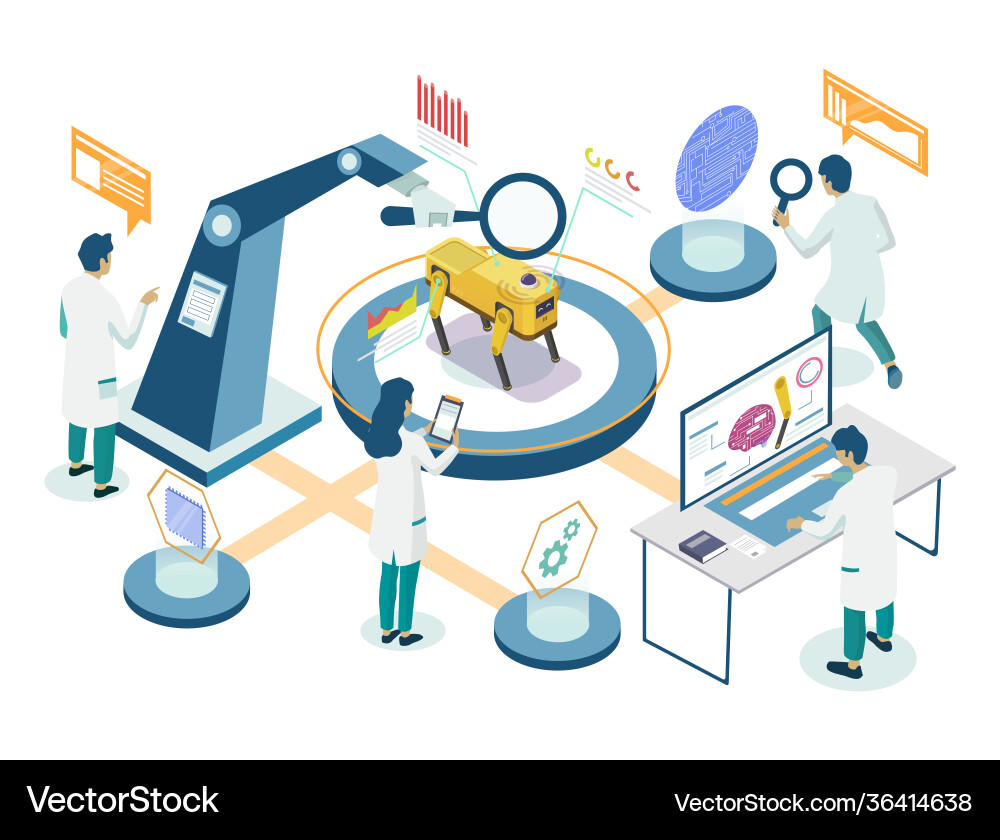 Robots laboratory research isometric flowchart Robots laboratory research isometric flowchart vector image