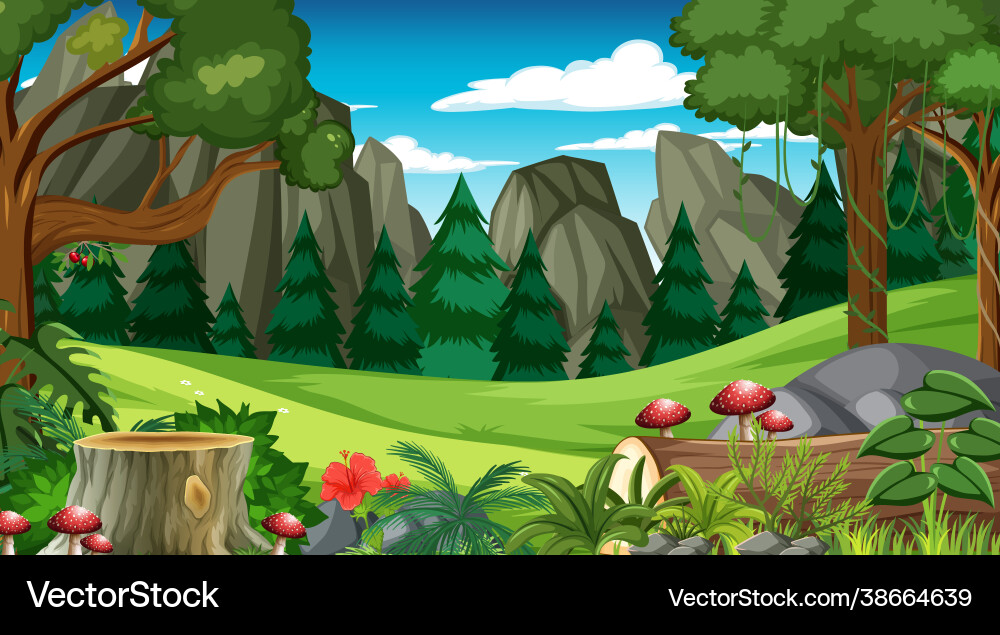 Forest scene with various trees and cliff Forest scene with various trees and cliff vector image