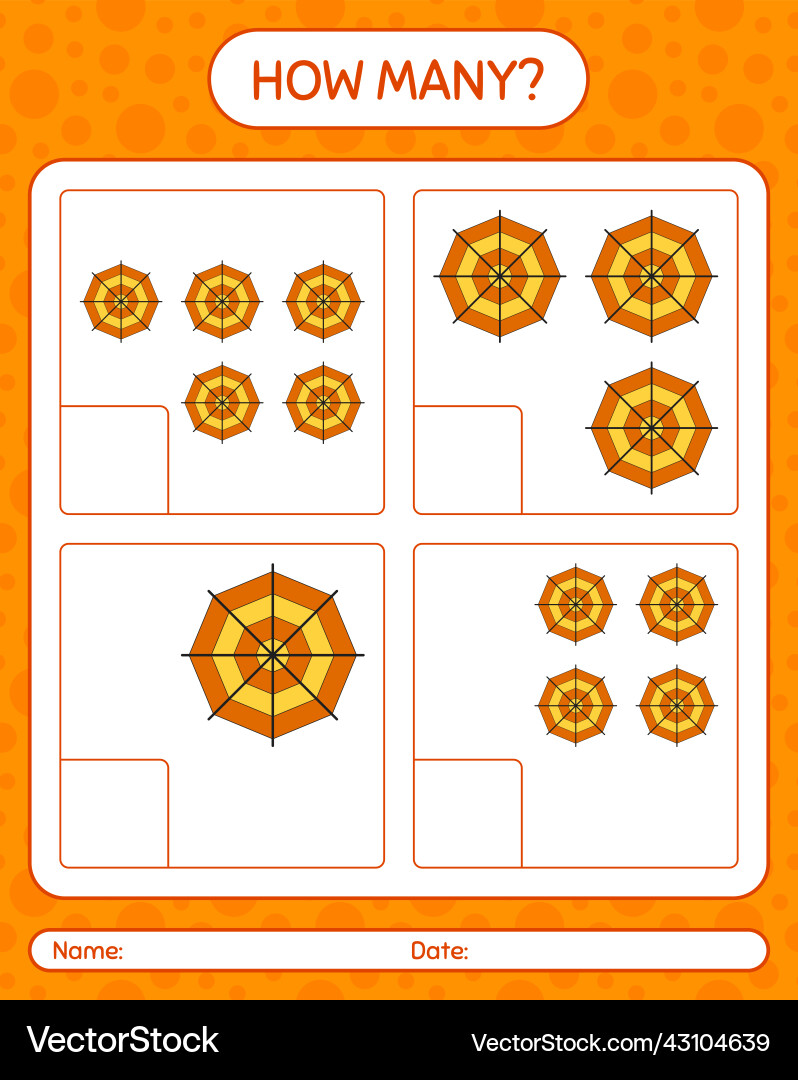 How many counting game with spider web worksheet Vector Image