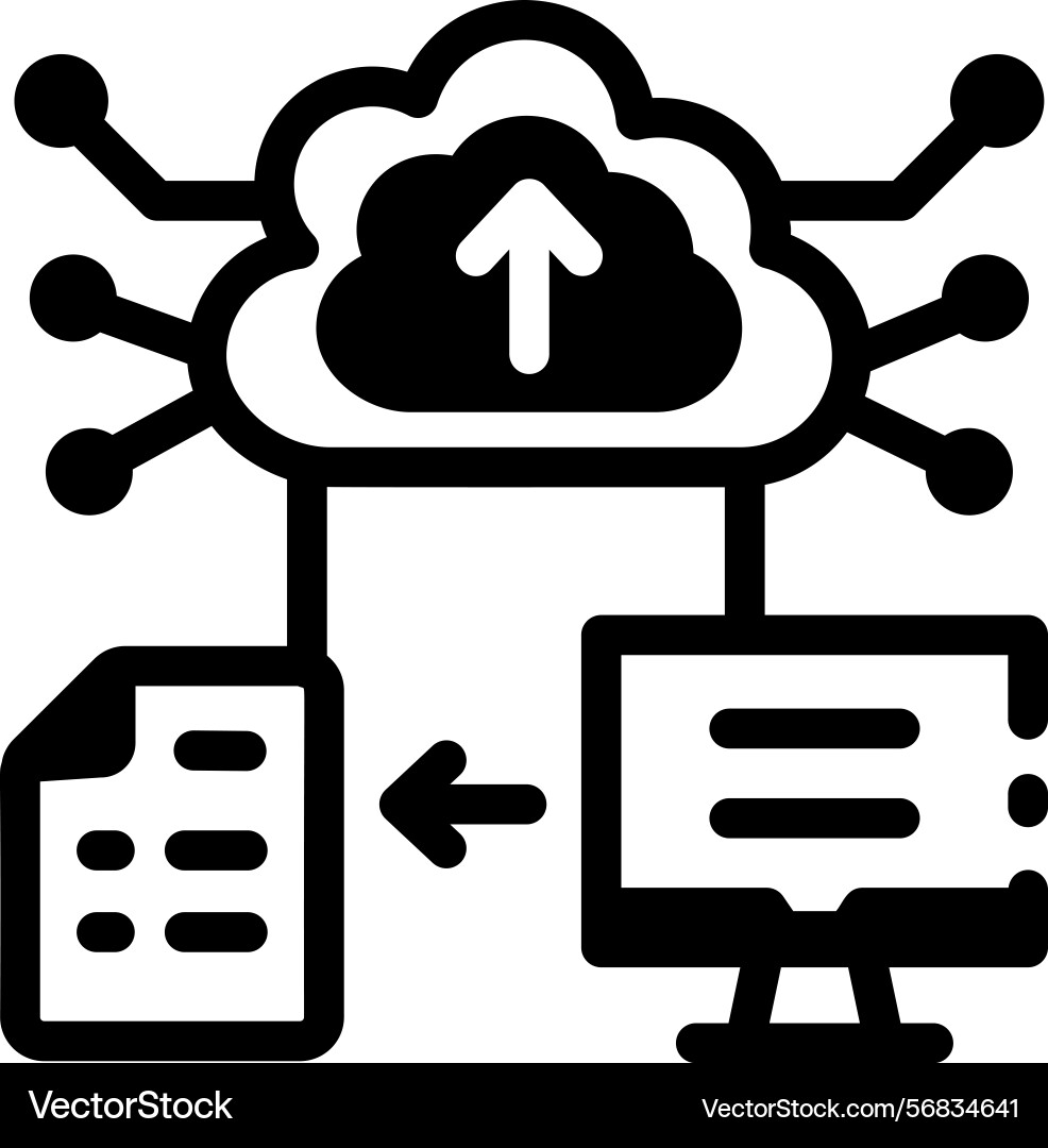 A glyph style icon showing data upload process vector image