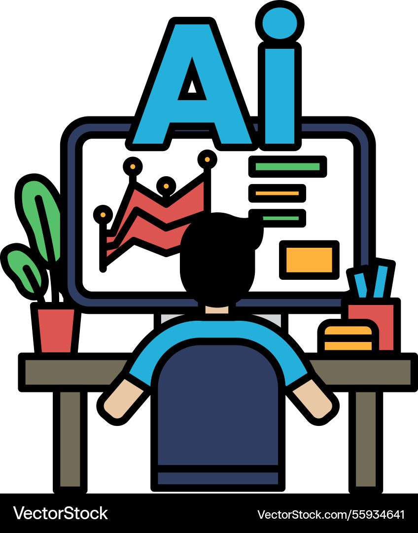 A man is sitting at desk in front of computer A man is sitting at desk in front of computer vector image