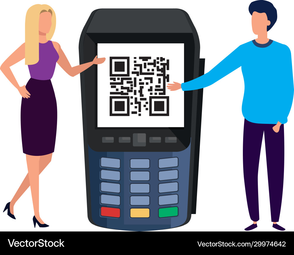 Business couple and dataphone with scan code qr Business couple and dataphone with scan code qr Vector Image