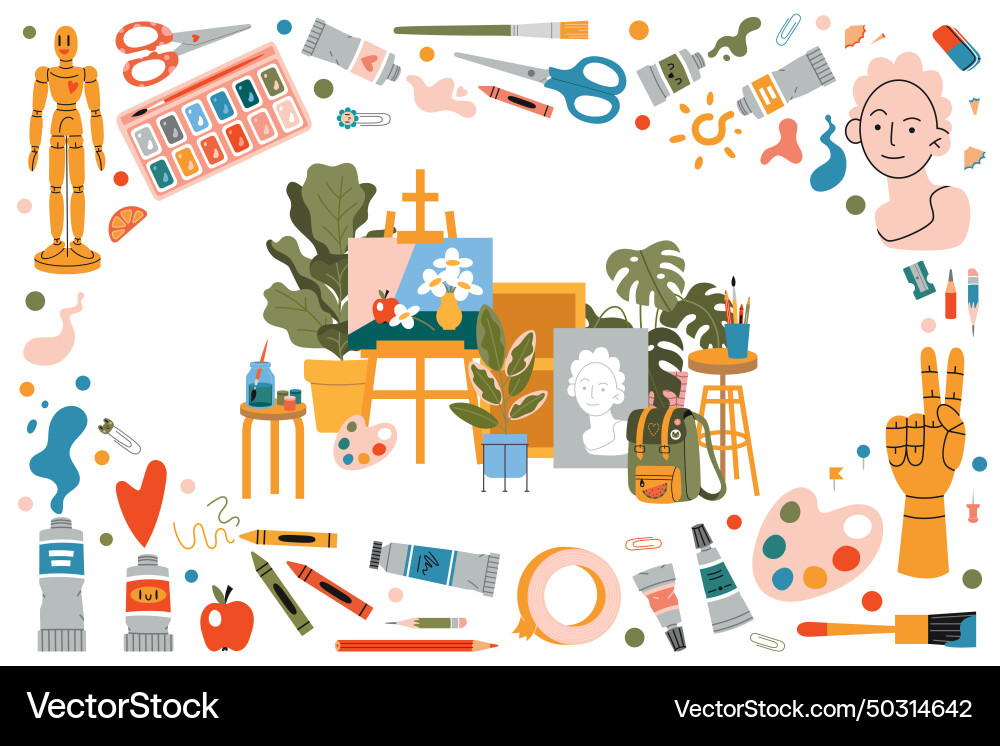 Frame with painting tools elements and art class vector image