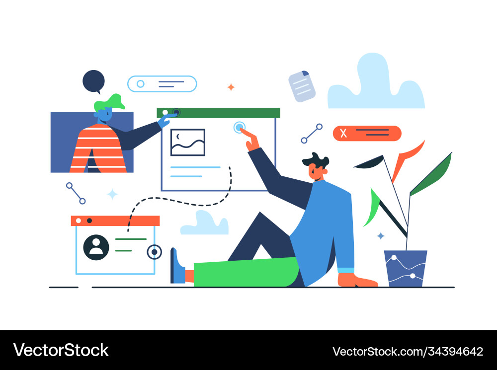 Two guys are working with files and data Two guys are working with files and data vector image