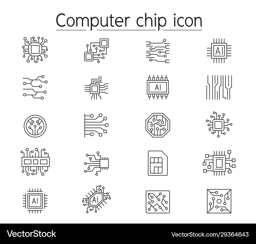 Computer chip icon set in thin line style Computer chip icon set in thin line style Vector Image