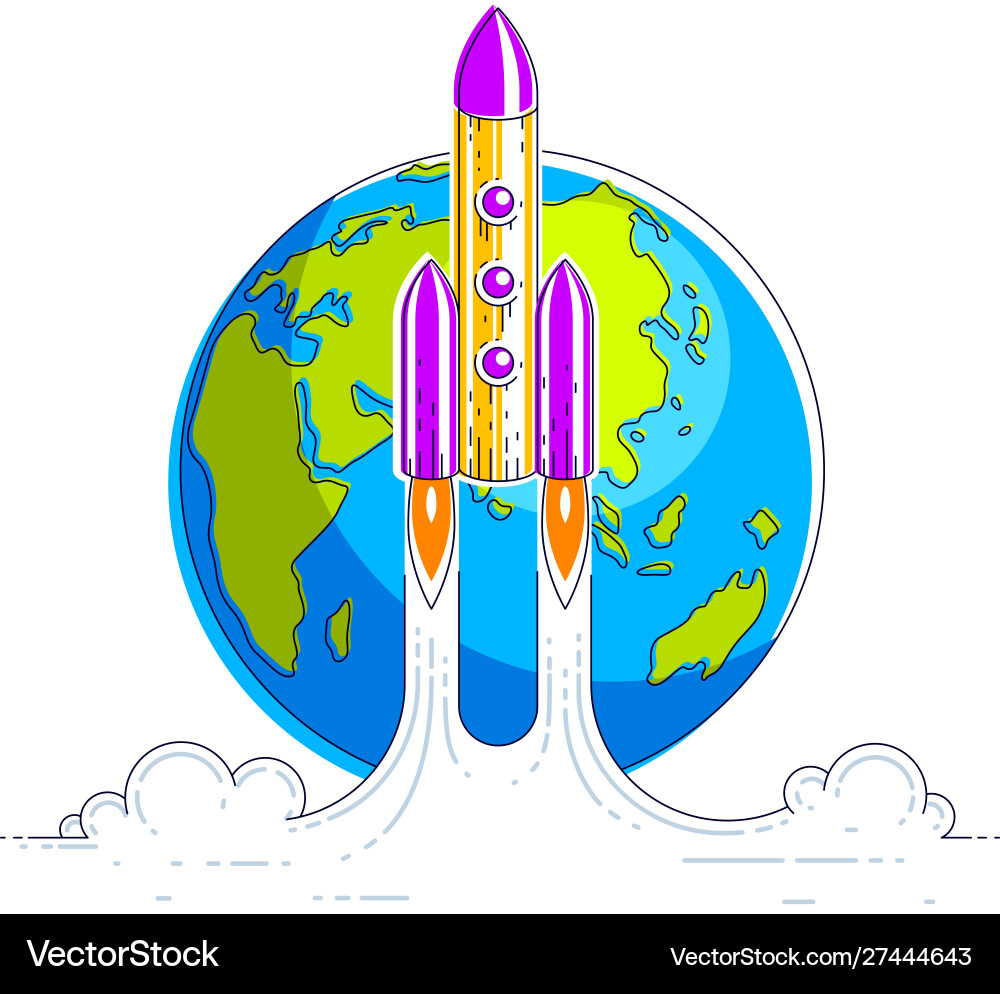 Rocket launch into undiscovered space with planet Vector Image