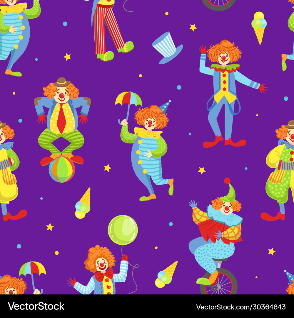 Seamless pattern with funny circus clowns Seamless pattern with funny circus clowns Vector Image