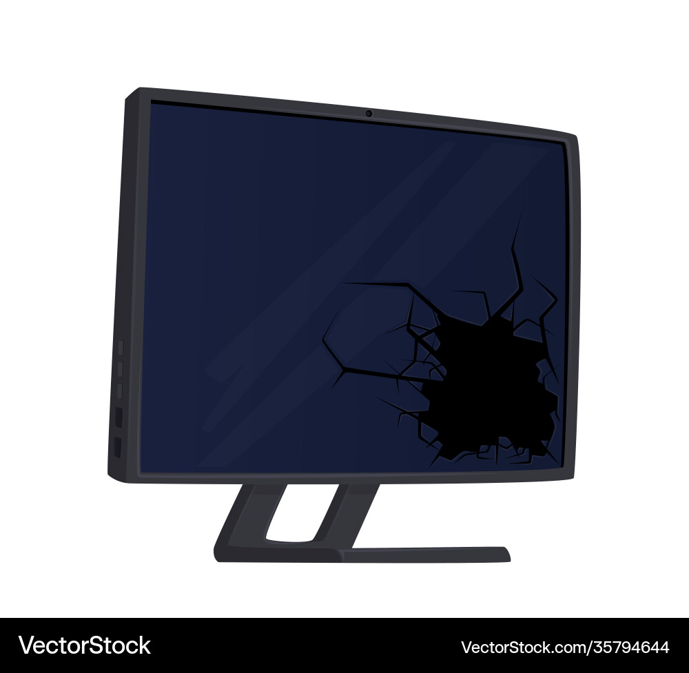 Broken computer monitor with hole and cracks Broken computer monitor with hole and cracks vector image