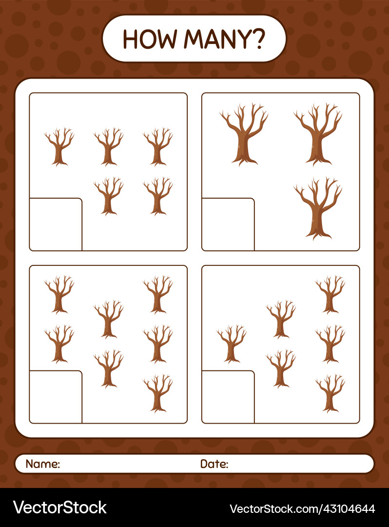 How many counting game with tree worksheet How many counting game with tree worksheet Vector Image