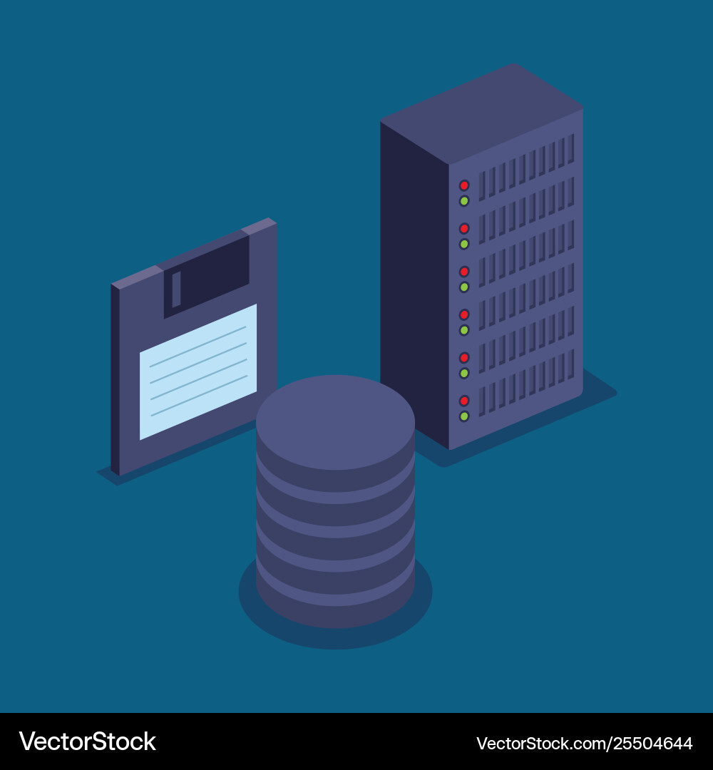 Isometric diskette with hard disk storage tower Isometric diskette with hard disk storage tower vector image