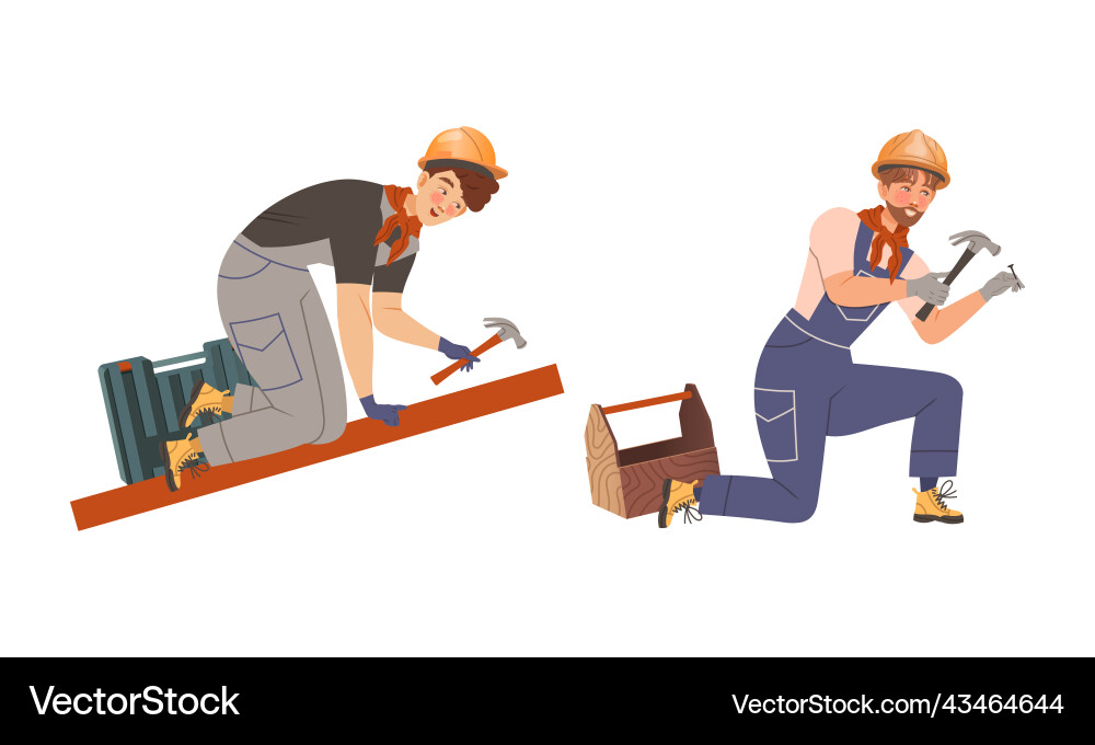 Man builder character nailing with hammer building Man builder character nailing with hammer building Vector Image
