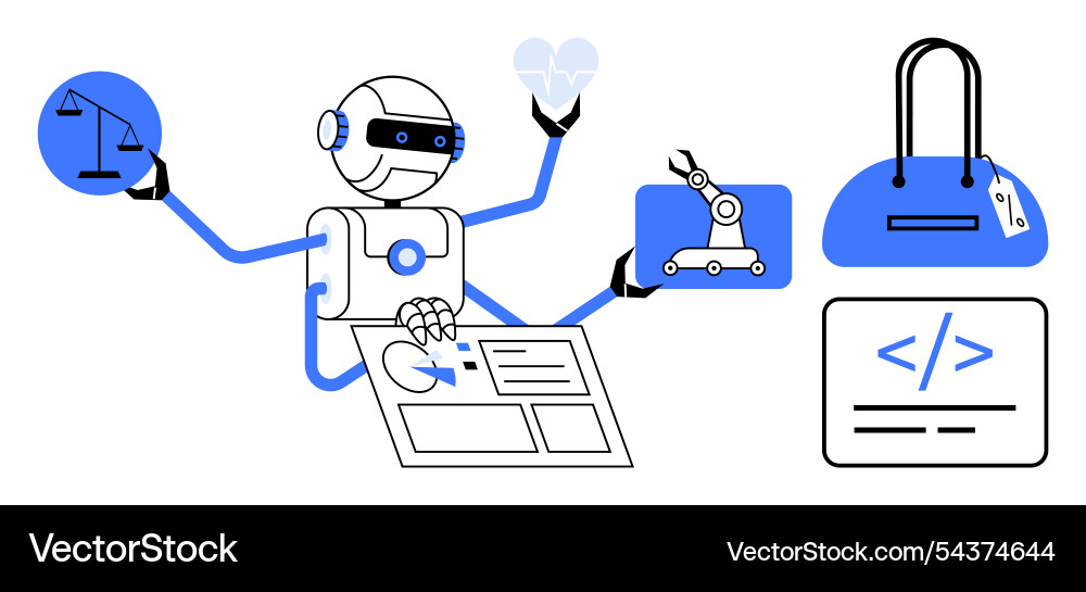 Robot multitasking with different industry icons Robot multitasking with different industry icons vector image