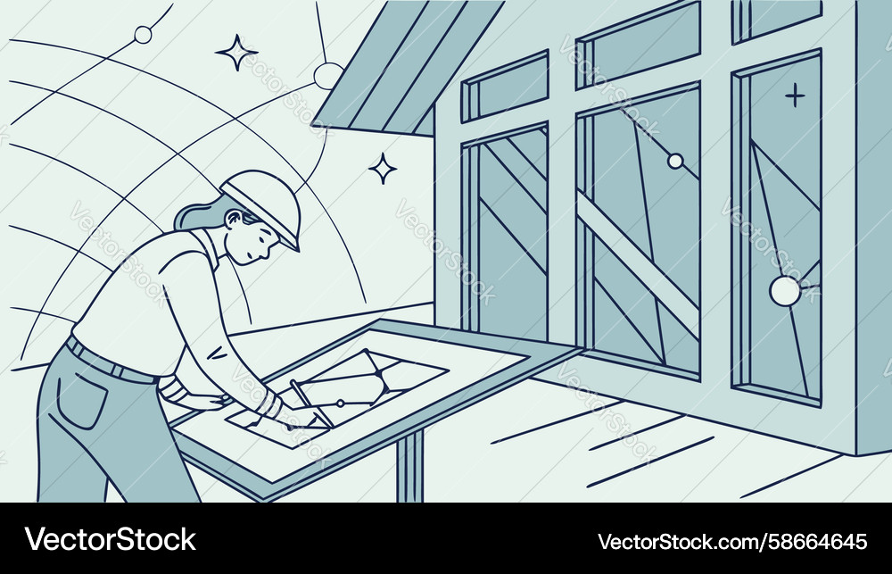 Designer working on a building blueprint Vector Image