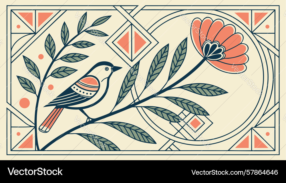 Bird on branch with floral pattern frame design Vector Image
