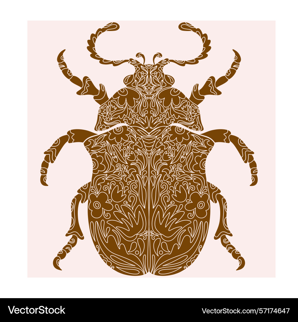 Beetle with botanical cut-out pattern linocut Vector Image