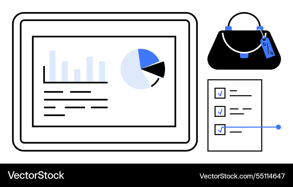 Digital work setup with data analysis on tablet Digital work setup with data analysis on tablet vector image