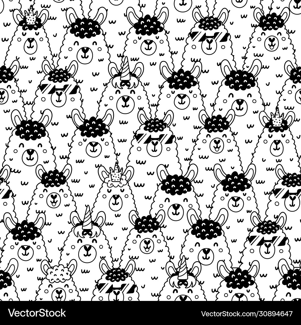 Funny doodle llamas black and white seamless vector image