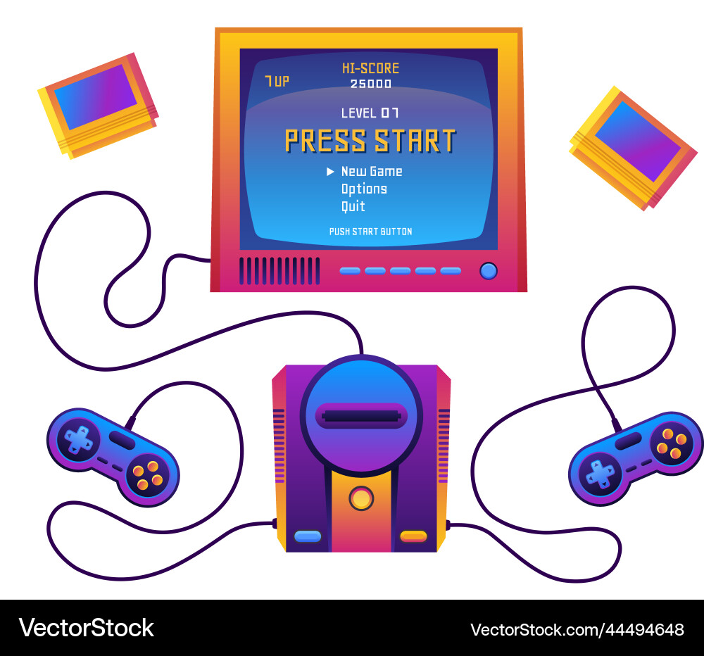 Game console with tv retro video device display Game console with tv retro video device display vector image