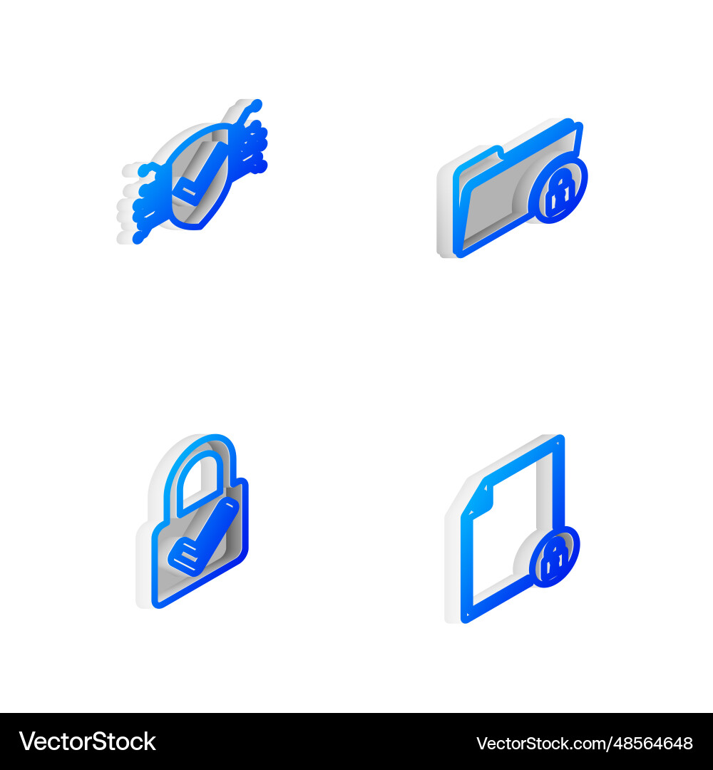 Set isometric line folder and lock cyber security Set isometric line folder and lock cyber security vector image