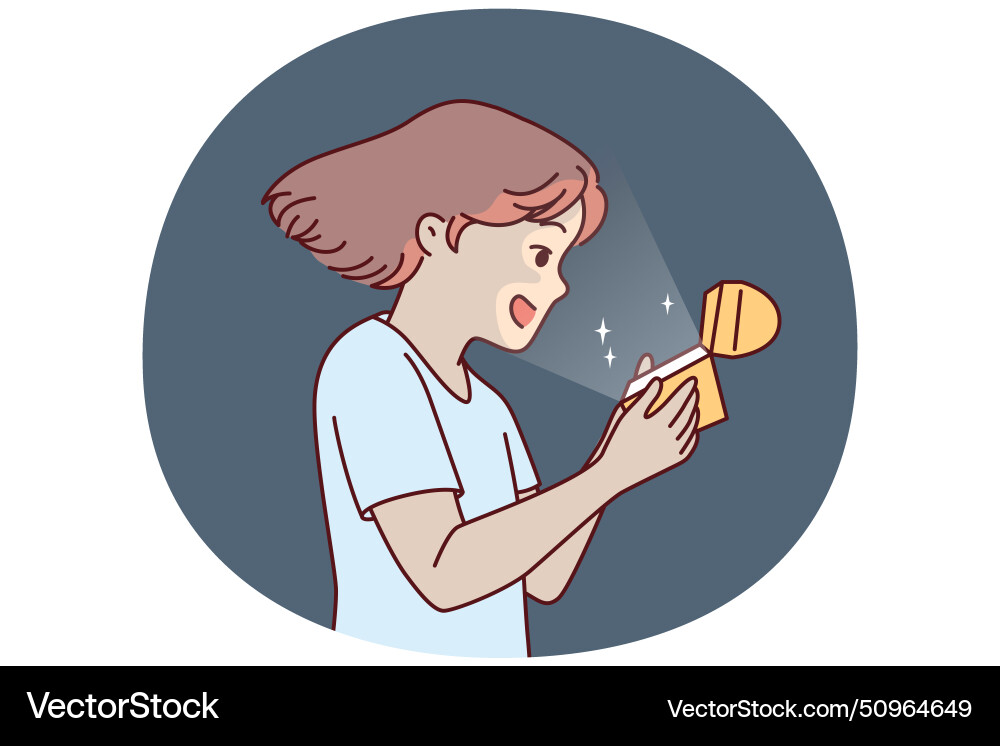 Kleines Mädchen öffnet goldene Box und ist begeistert Kleines Mädchen öffnet goldene Box und ist begeistert Vektorbild