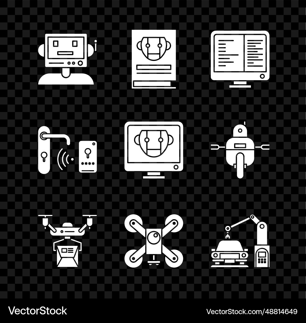 Set robot computer monitor screen drone delivery Set robot computer monitor screen drone delivery vector image