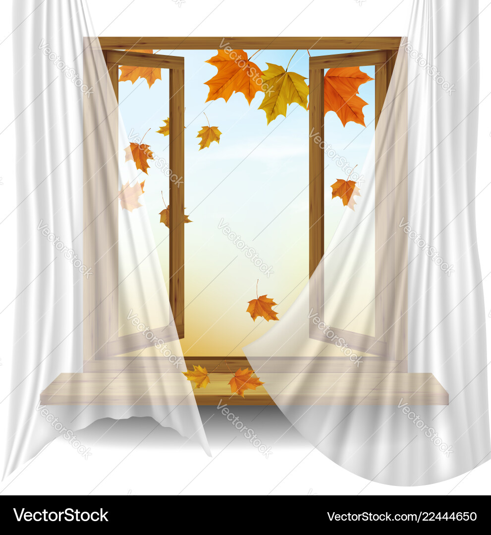 Autumn background with open window and colorful Vector Image
