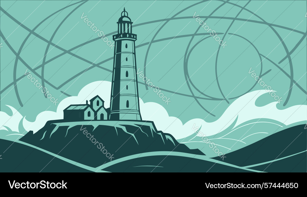 Lighthouse with abstract swirls and waves design vector image