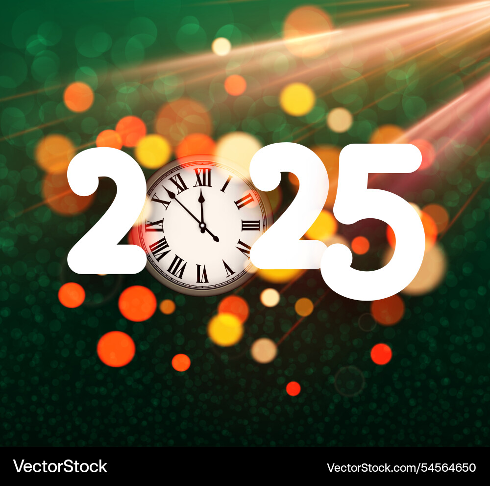 New year 2025 countdown with clock and bokeh New year 2025 countdown with clock and bokeh vector image