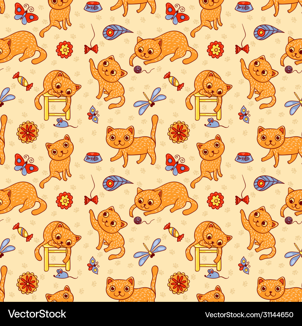 Seamless pattern with happy playing red cats Vector Image