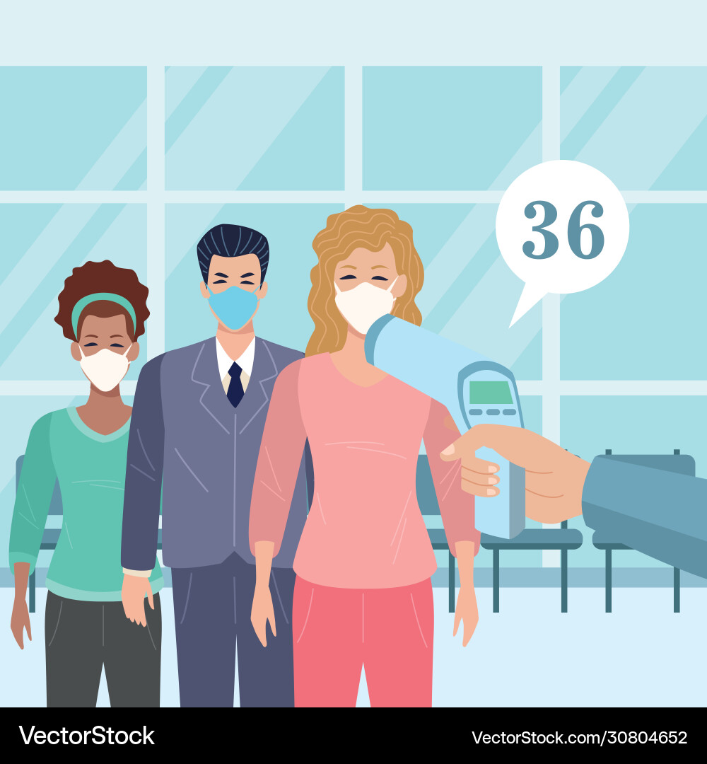 People using face masks in temperature check point Vector Image