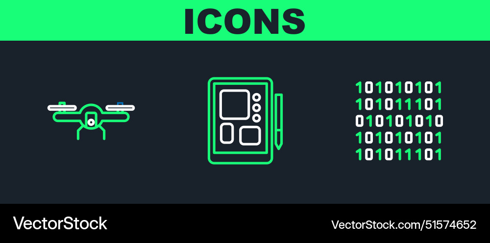 Set line binary code drone flying and graphic Set line binary code drone flying and graphic vector image