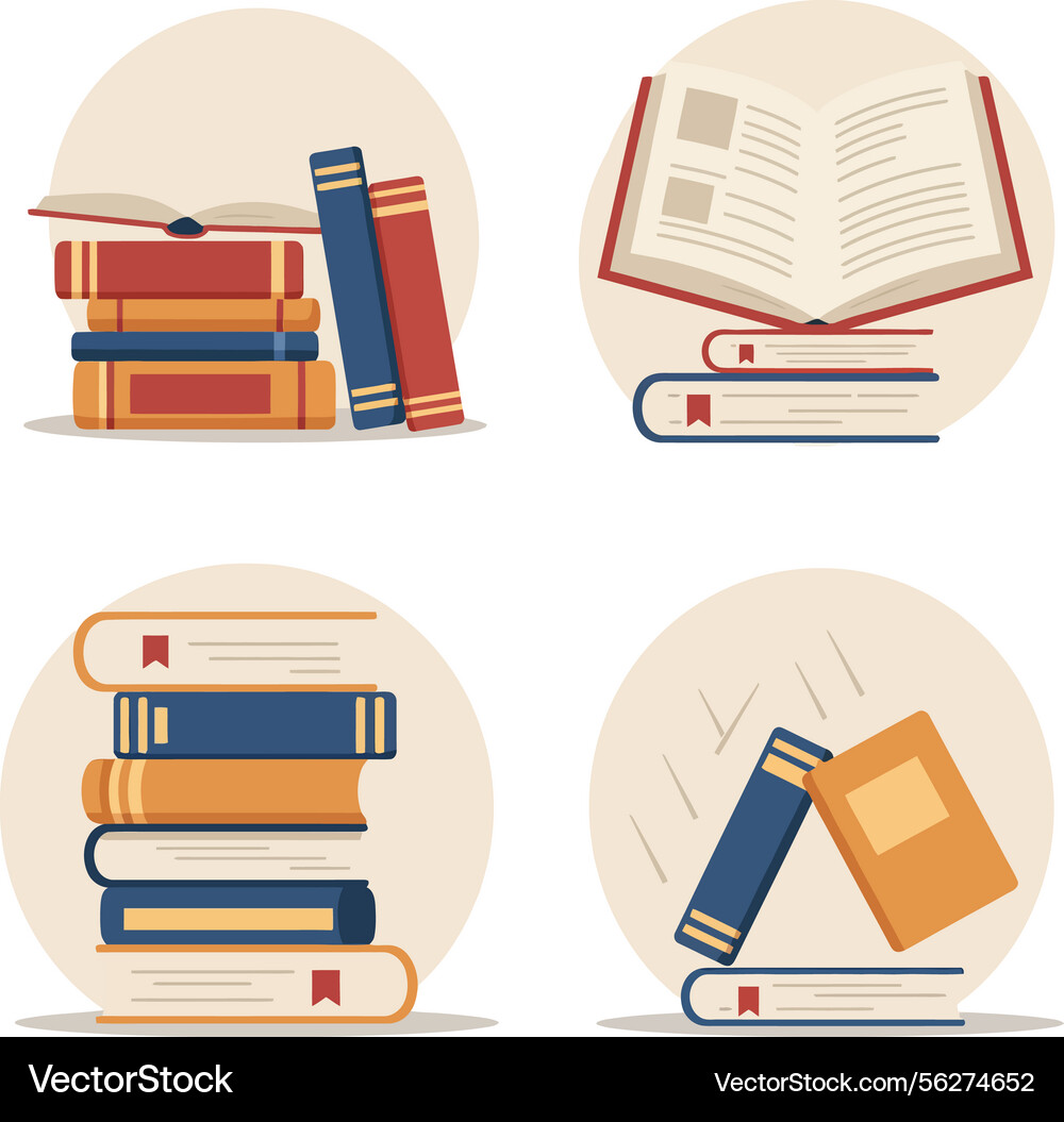 Stacked and open books with bookmarks in flat vector image