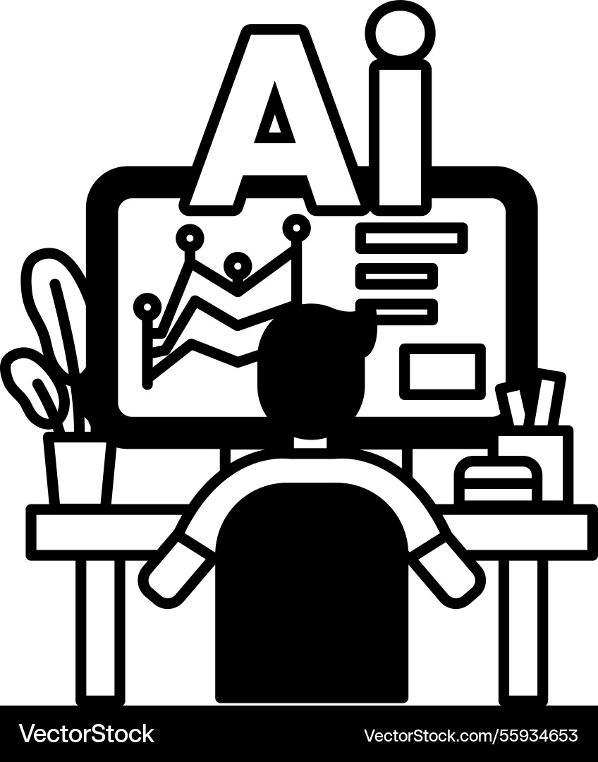 A man is sitting at desk in front of computer vector image